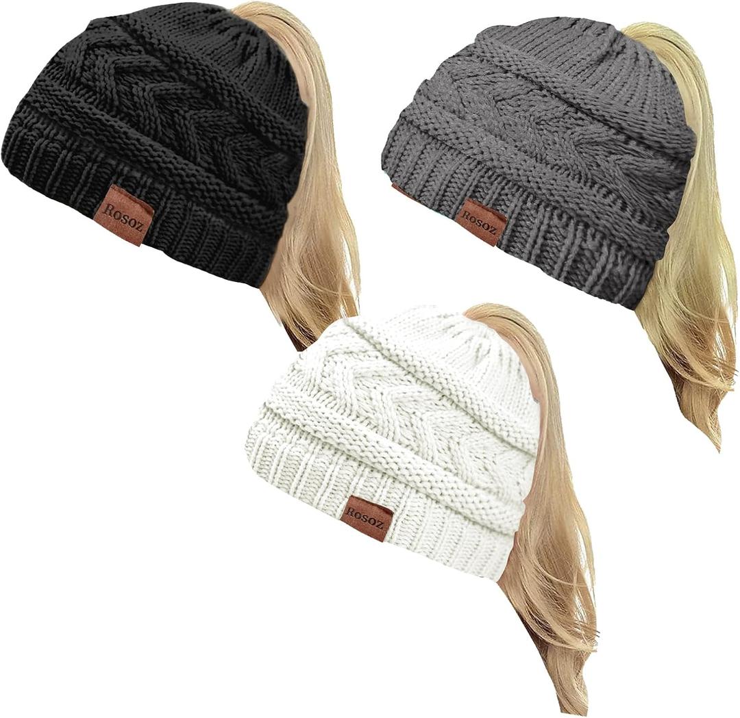 Rosoz 2 Pack Ponytail Beanie for Women,Winter Warm Beanie Tail Soft Stretch Cable Knit Messy High Bun Hat, 7 3/4-7 7/8, 3 Pack, Black/Grey/White