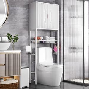 Kalrin Over-the-Toilet Storage Cabinet with Fluted Wave Doors and Adjustable Shelf, Wood Over-Toilet Storage Rack with Drain Basket, Freestanding Bathroom Organizer for Balcony Laundry, Pure White