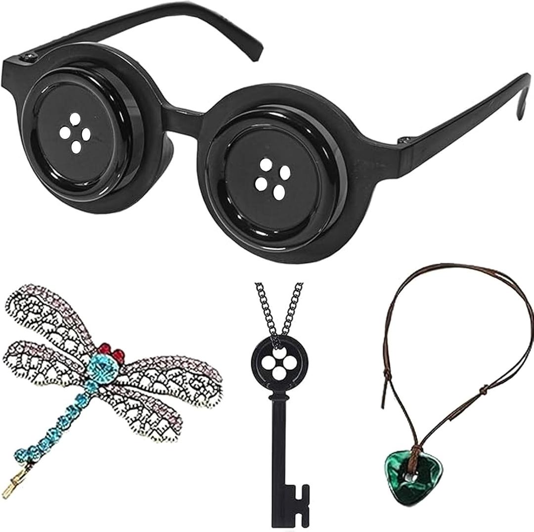 Button Eyes Glasses Halloween Costume Merchandise Cosplay Accessories Necklace Green Stone Hair Clip for Women Fans (4pcs)