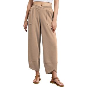 Viracy Women's Baggy Wide Leg Pants Casual Cross Elastic Waist Palazzo Wrap Hem Harem Pants with Pockets (X-Large, Khaki)