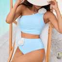 Women Bestselling Bikini Sets One Shoulder Swimsuits 2 Piece Tummy Control Bathing Suits High Waisted Floral 2025 (Blue, XL)