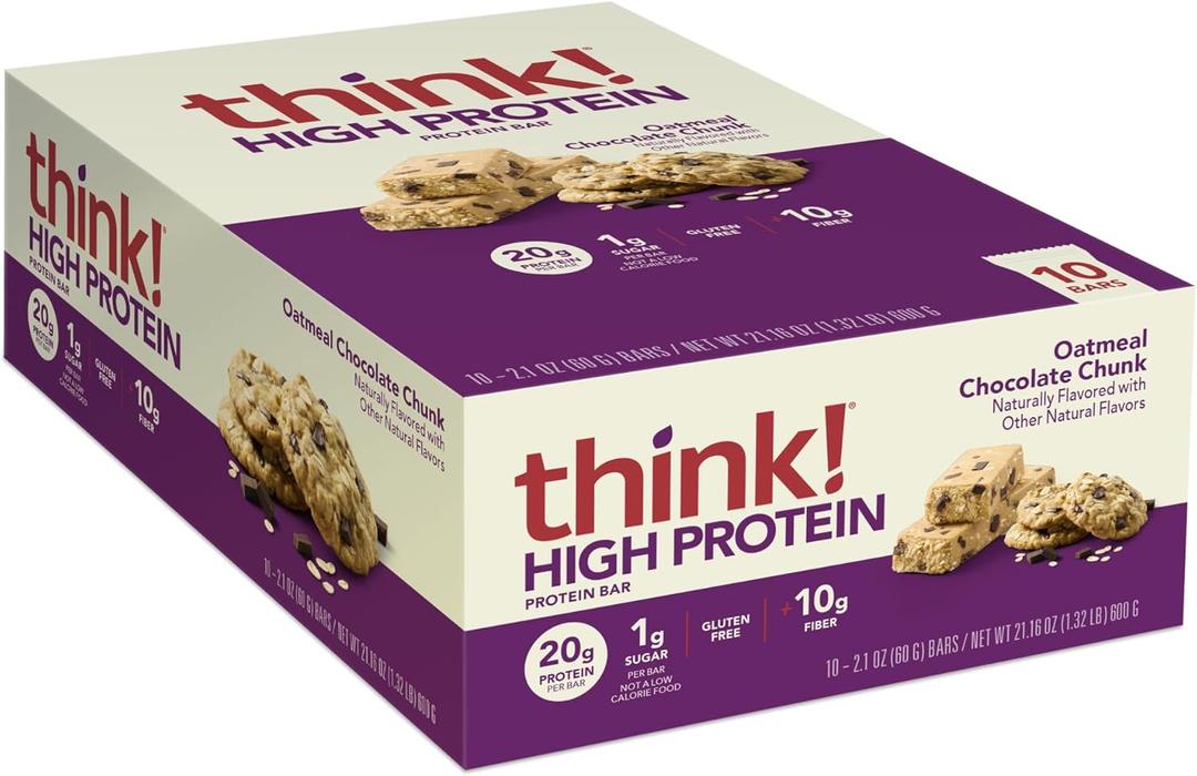 think! Protein Bars, High Protein Snacks, Gluten Free, High Fiber, Oatmeal Chocolate Chunk, 10 Count BB 1/9/26