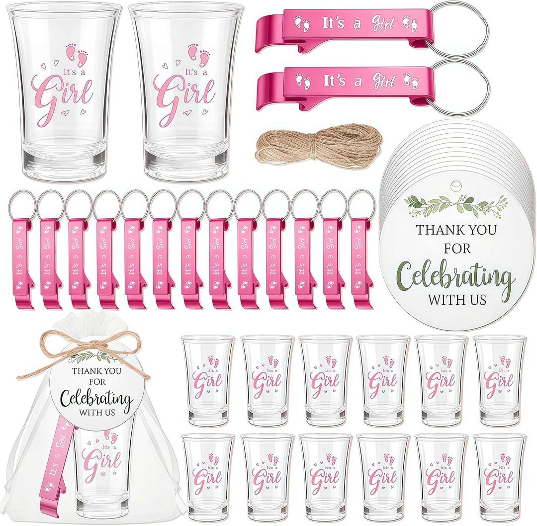 25 Set Baby Shower Favors for 25 Guests, It's a Girl Shot Glasses with Bottle Opener Keychains Floral Thank You Tags & Bags for Gender Reveal Party Baby Shower Game Prizes Guests Return Gift (Girl)