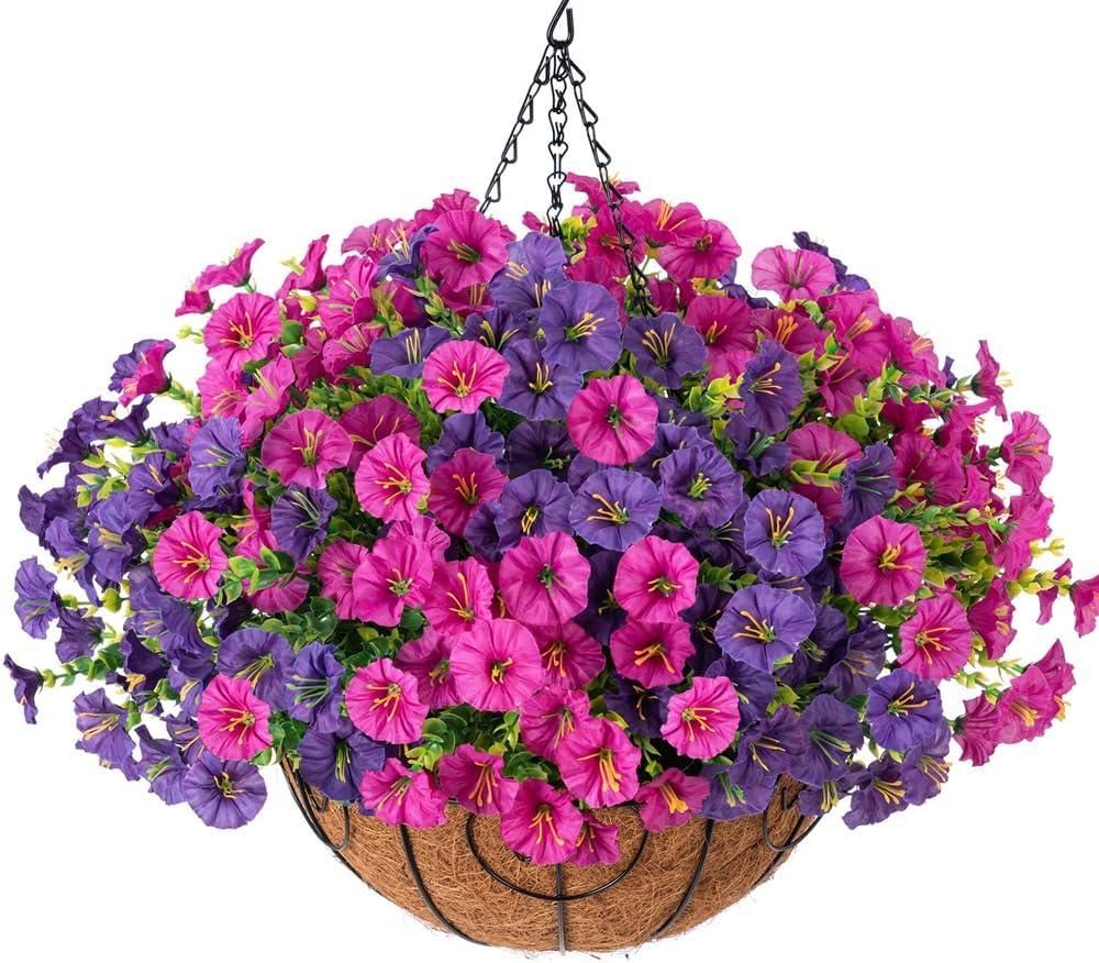 Artificial Fake Hanging Flowers Plants Baskets for Outdoors Spring Summer Decoration, UV Resistant Faux Silk Morning Glory in Planter Realistic for Outside Porch Patio Balcony Garden Yard Home Decor (12 Bundles)