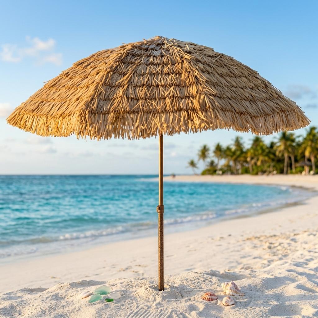 FOREVER BAMBOO Tiki Thatch Umbrella Outdoor – Hula Beach Umbrellas for Patio Hawaiian Thatch Palapa Umbrella Outdoors 8 ft D, Tan (SU-8)
