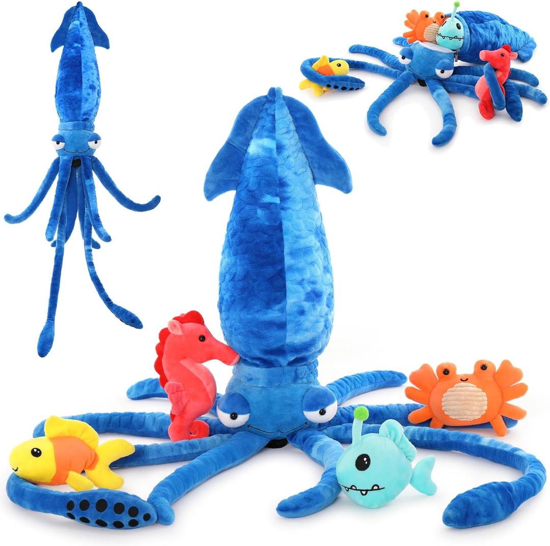5Pcs Giant Squid Stuffed Animal 41.3" with Small Marine Clownfish,Crab, Seahorse, Angler Fish Baby Plush Toys, Adorable Bulk Ocean Animal Plushies Gifts for Squid Toys Lover,Kids,Boys,Girls