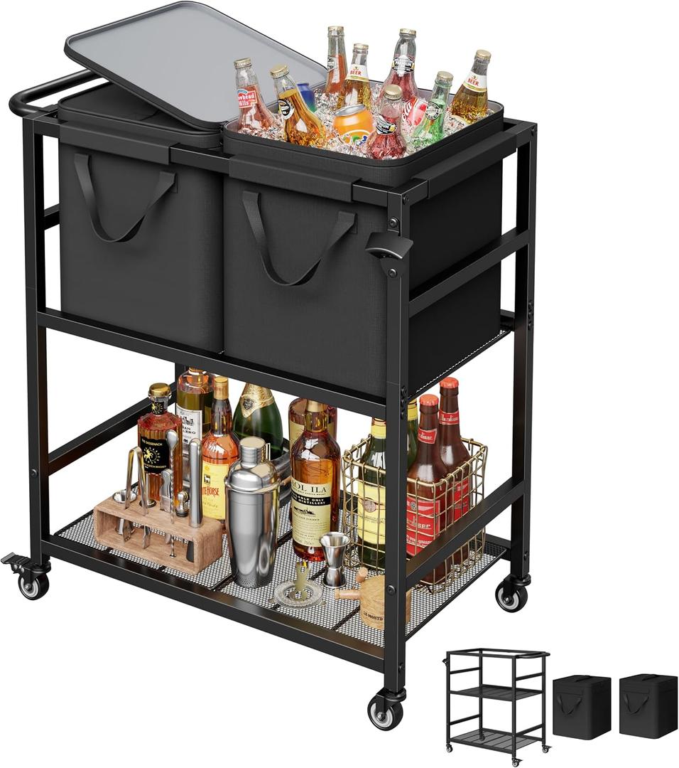 Patio Rolling Cooler Cart, Portable Bar Station for Backyard, Pool & BBQ
