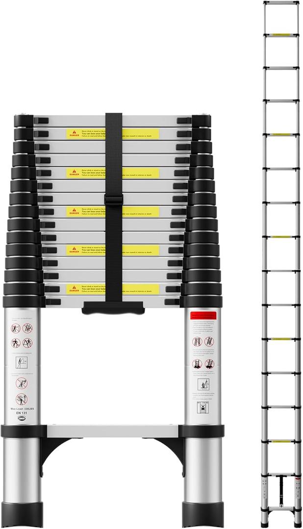 Telescoping Ladder 20.3 FT,CE ANSI Certified Aluminum Extension Ladder with 2 Triangular Stabilizers,330 lbs Max Capacity Multi-Purpose Portable Collapsible Ladder for RV,Outdoor Work Silver