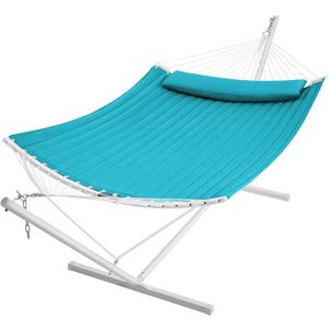 SUPERJARE Hammock with Stand, 2 Person Heavy Duty Hammock with Padded Cotton, Detachable Pillow & Strong Curved-Bar & Portable Carrying Bag, Perfect for Outdoor & Indoor, Sky Blue
