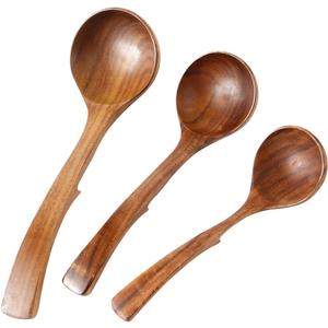 3-Piece Teak Wooden Spoon Set for Cooking & Serving - Non-Scratch, Heat-Resistant Utensils with Hanging Hooks - Stirring Spatulas for Non-Stick Pans, Bowls & Pots