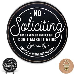 No Soliciting Sign Wall Art Decor for Front Door, Funny Do Not Knock or Ring Doorbell Sign, Black Front Door Hanging Decor, 6 Inches Wood Plaque House Accessories for Home