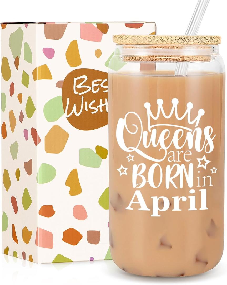Birthday Gifts for Women, Funny Happy Birthday Glass Cup Tumbler for her, Girlfriend, Friends, Wife, Mom, Bestie, Daughter, Sister, 18oz Unique Can Glass with Straw & Lid, Queens are Born in April