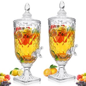 Nuogo 2 Pcs 0.8 Gallon Drink Dispensers for Parties Glass Beverage Dispenser with Stand and Spigot Vintage Iced Beverage Dispenser Crystal Drink Dispensers Glass Fountain for Birthday Party Home
