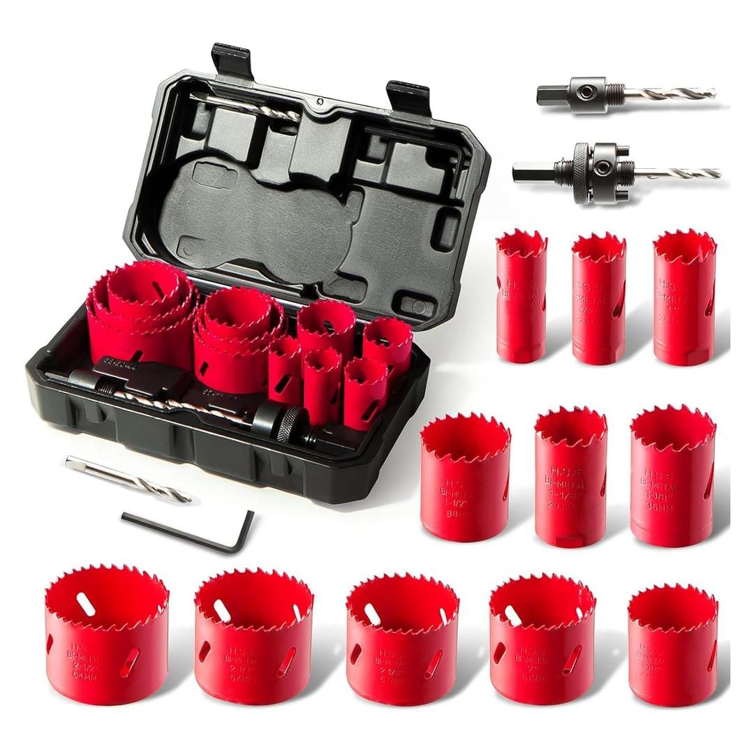 Bi-Metal Hole Saw Kit, HYCHIKA 17 Pcs High Speed Steel 3/4" to 2-1/2" Hole Saw Set in Case with Mandrels, Hole Saw Bit for Metal, Drilling PVC Board,and Plastic Plate