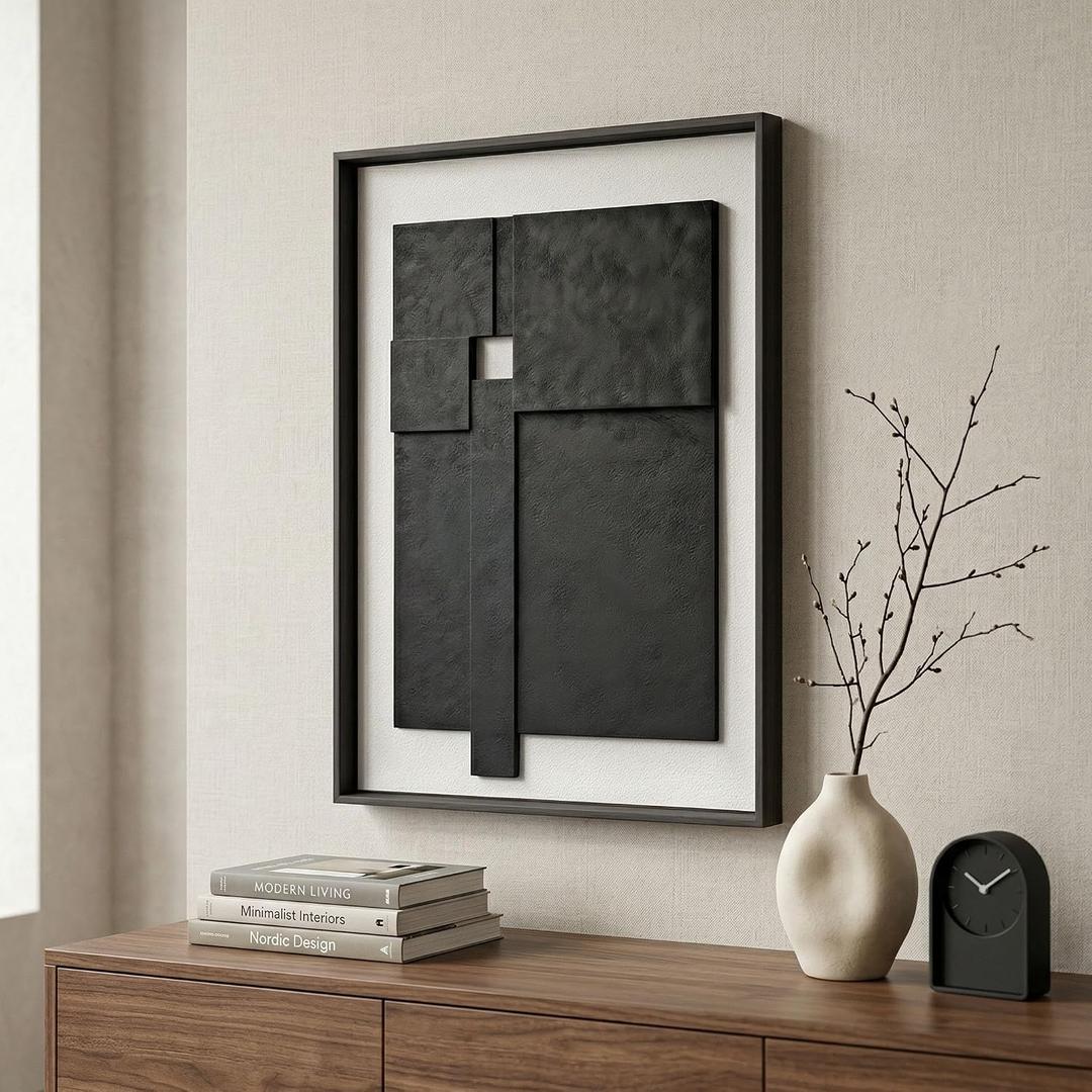 Framed 3D Textured Geometric Wall Art for The Home Decor, Featuring a Black and White Abstract Design With a Striking Aesthetic Ldeal for Bedrooms and Stairwell Corners Office Wall 16x24 in