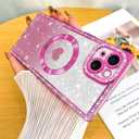 Fiyart Designed for iPhone 15 Case,Compatible with MagSafe Love Hearts Plating Soft Slim TPU Sparkle Rhinestone Glitter Shockproof Phone Bumper for Women Girls 6.1"-Hot Pink
