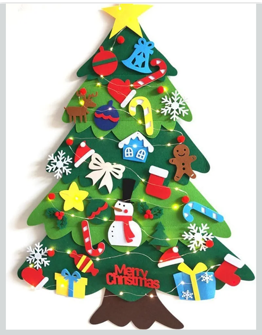 Felt Christmas Tree for Toddlers, Montessori Christmas Trees with Lights for Kids, DIY Xmas Decorations Wall Hanging Kids Gifts Party Supplies