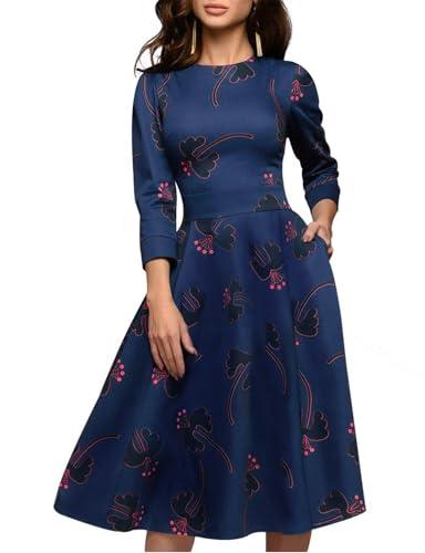 Simple Flavor Women's Floral Evening Flare Vintage Midi Dress 3/4 Sleeve, M