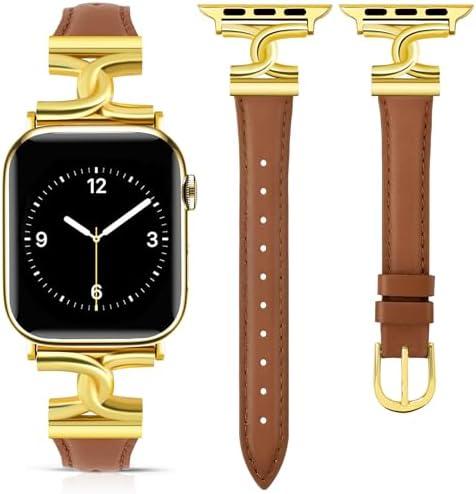 MOINSPIRE Slim Leather Bands Women Compatible with Apple Watch 38mm 40mm 41mm 42mm 44mm 45mm 46mm 49mm Designer Dressy Fashion Strap Double C-Shape Metal Crown for iWatch Series 10 9 8 7 6 5 4 3 2 1