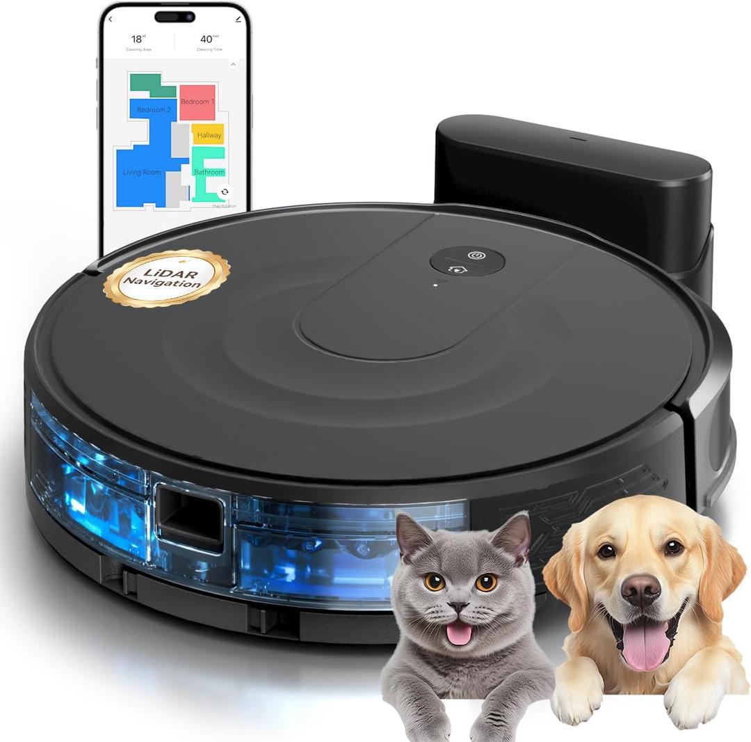 Robot Vacuum and Mop Combo, 9000Pa Robotic Vacuum Cleaner with Smart LiDAR Navigation, Ultra-Slim, App & Voice Control, Ideal for Pet Hair, Carpets, Hard Floors