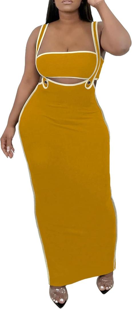 2 Piece Outfits for Women Summer Tube Crop Tops Sexy Bodycon Dresses Maxi Skirt Sets Vacation Jumpsuits Club Outfits (Small, Mustard)