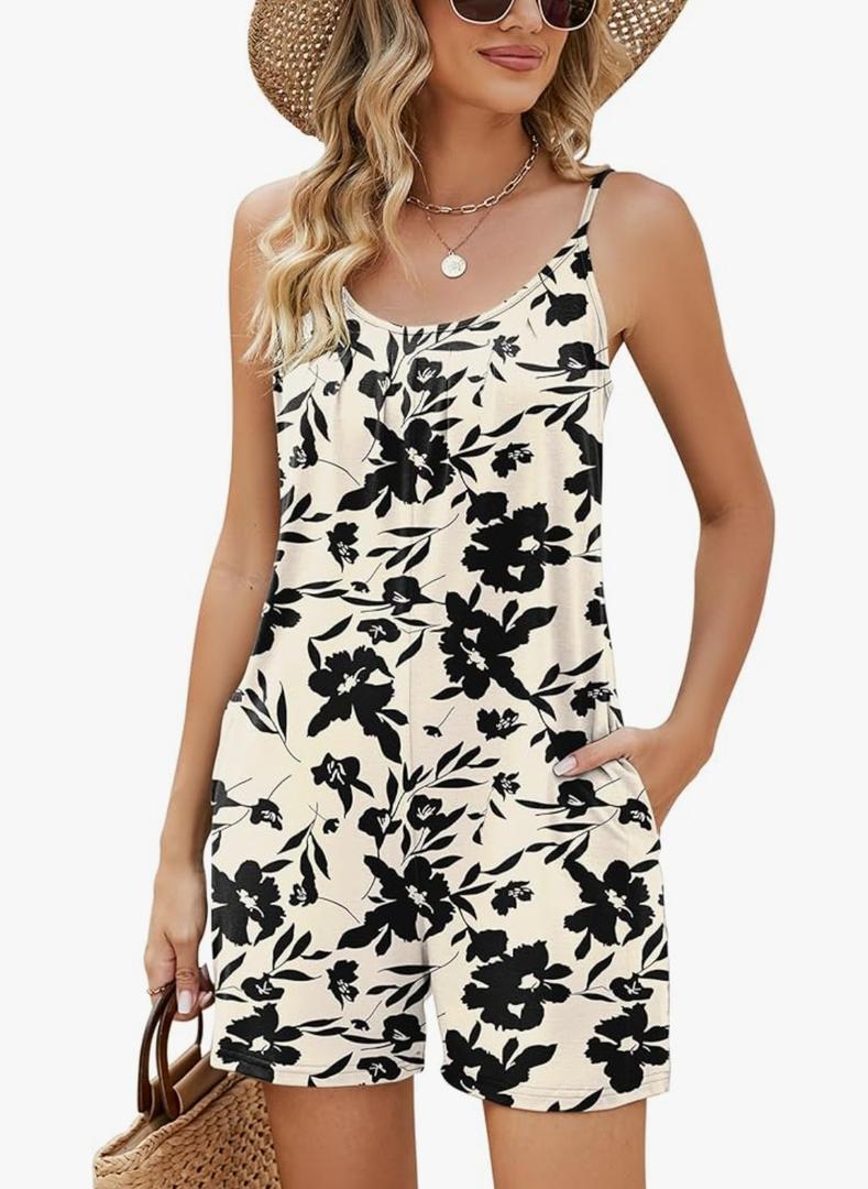 LOMON Women's Casual Summer Sleeveless Romper Loose Adjustable Spaghetti Strap Stretchy Shorts Jumpsuits with Pockets 2XL