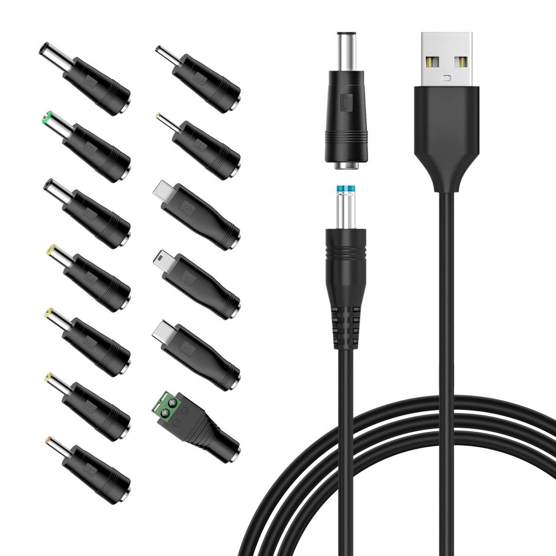 Powseed 5V Universal DC Power Cable, USB to DC Charging Cord with 13pcs Adapter Plugs for Webcam Router, Recorder, Bluetooth Speaker, Scanner, DVR, Hard Disk Box, USB-HUB etc.