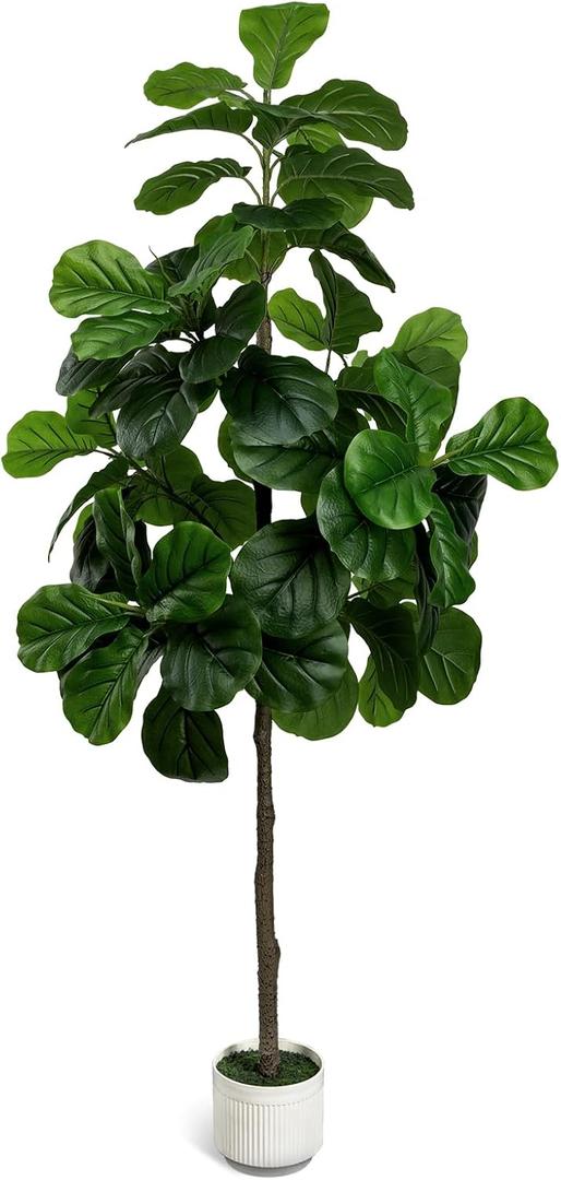 Artificial Fiddle Leaf Fig Tree 6FT - Large Fake Tree with White Planter, Tall Faux Ficus Lyrata Tree Floor Plants for Indoor Home Decor Office Living Room Housewarming Gift, 1Pack