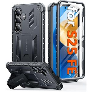 FNTCASE for Samsung Galaxy S25-FE Case: with [Built-in Screen Protector & Kickstand] [Military-Grade Drop Protection] Heavy Duty Protective Full Body Shockproof Rugged Sturdy TPU Phone Cover Black