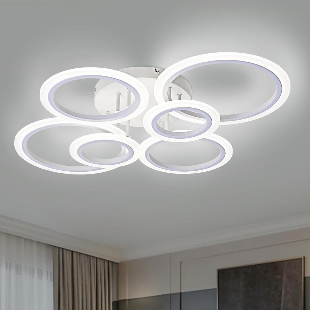 Vikaey Modern LED Flush Mount Ceiling Light, 6 Rings White Close to Ceiling Light Fixtures, Living Room Lighting Fixture Ceiling Lamp for Kitchen, Bedroom, Laundry Room, 4000K Not Dimmable