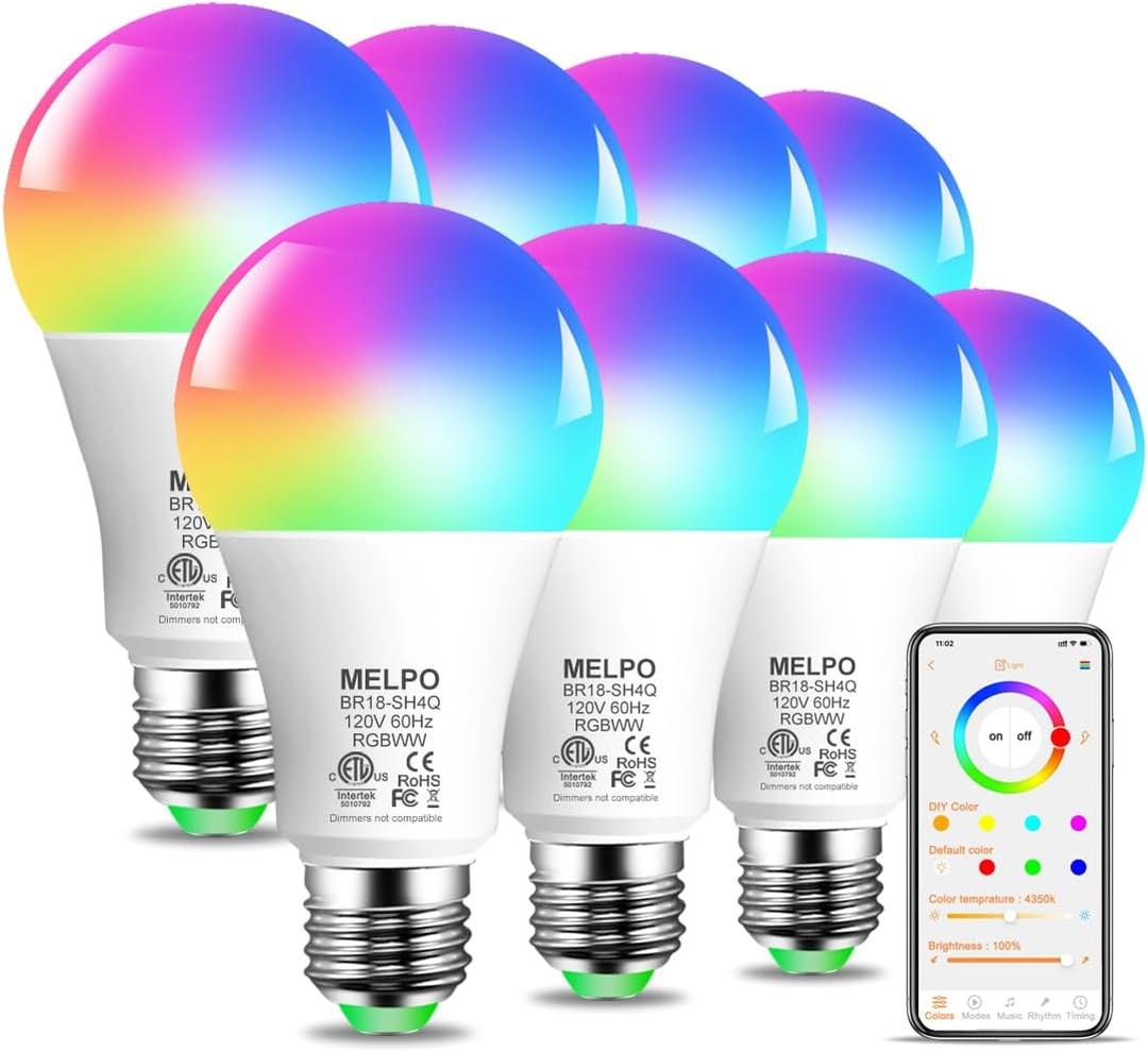MELPO Smart RGB Light Bulbs Work with Alexa, 12W(130W Equivalent), 2700K-6000KA19 E26 Bluetooth Color Changing Light Bulb, 16 Million Colors-DIY Flash/Fade - Timing-DIY Scenes- Music Sync (8 Pack)