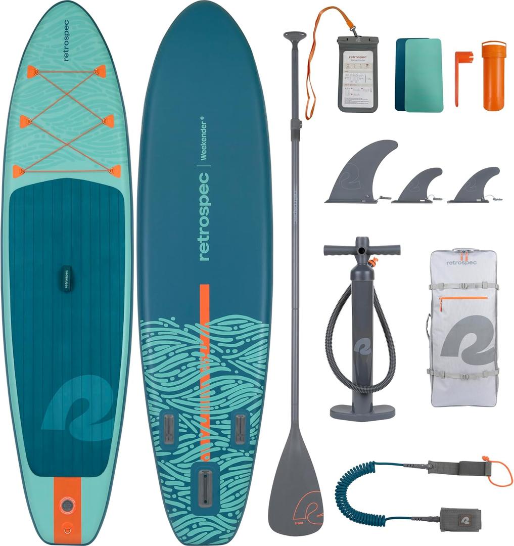 Retrospec Weekender Inflatable Stand Up Paddle Board Includes Paddle, Pump, and Accessories 106 Lightweight iSUP, Puncture Resistant Inflatable Paddle Board for Adults (Seafoam Tide)