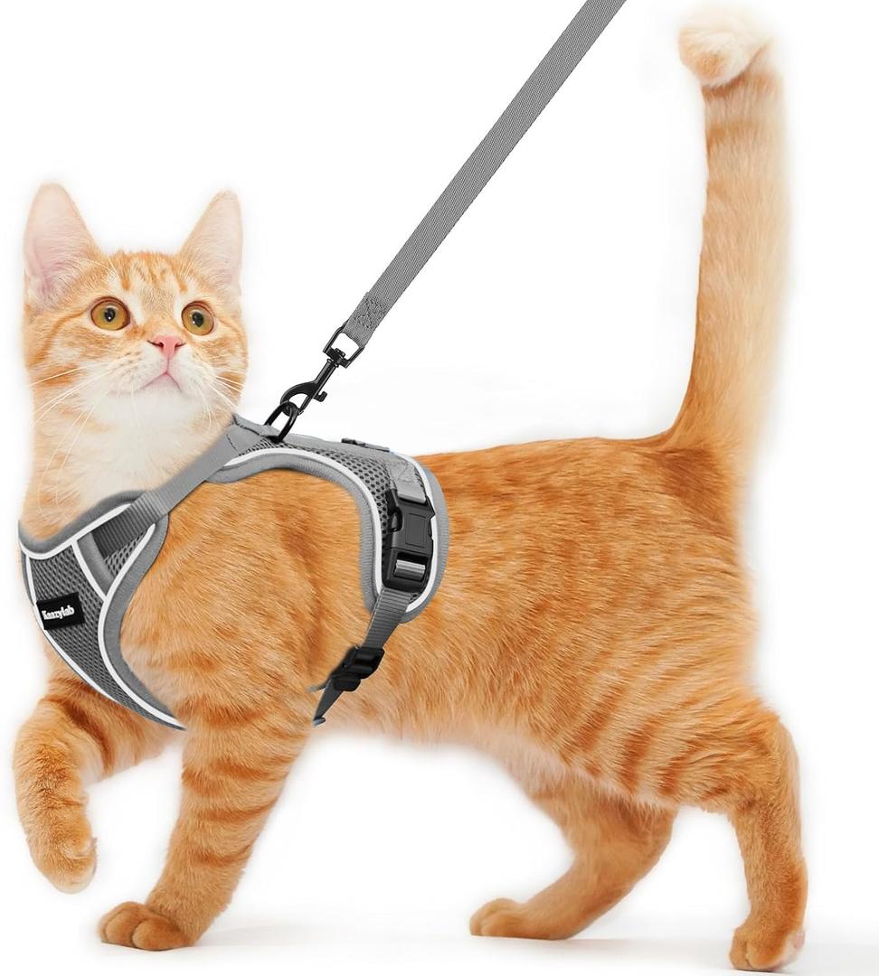 Cat Harness and Leash for Walking Escape Proof Soft Adjustable Cat Leash Breathable Comfortable Vest Easy to Wear Kitten Harness for Outdoor Travel (Grey, S (7-12lb))