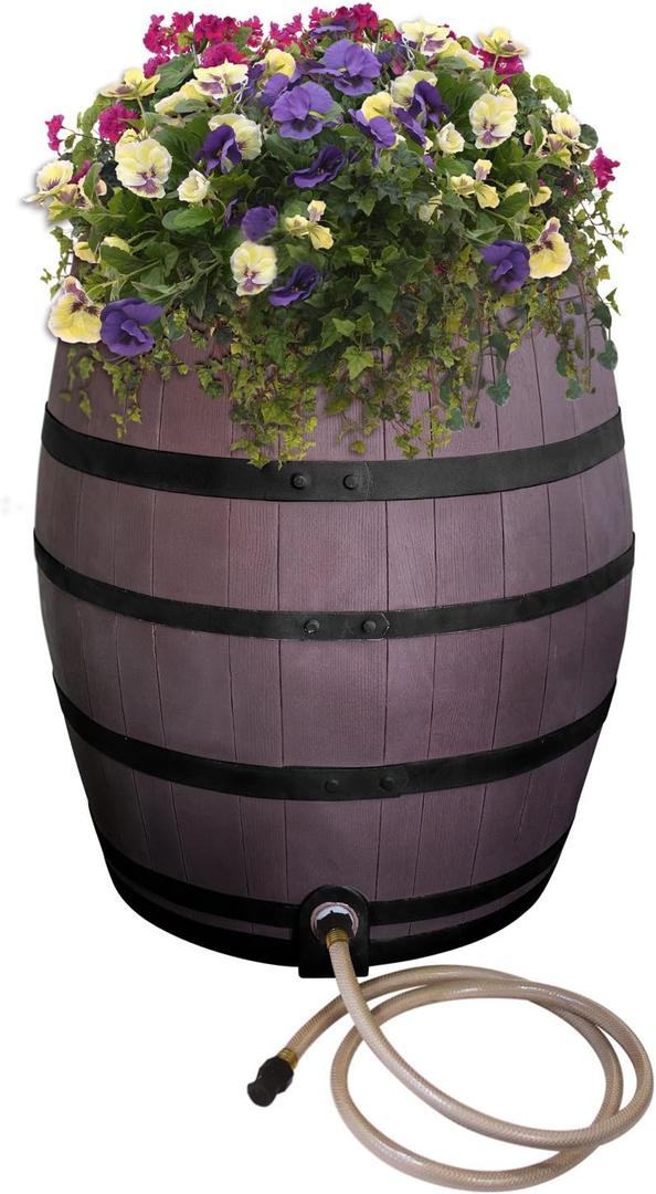 Rescue 50-Gallon Whiskey Rain Barrel with Black Bands  Includes Planter, Rain Water Diverter, Outlet Hose  Flatback Design  Brown