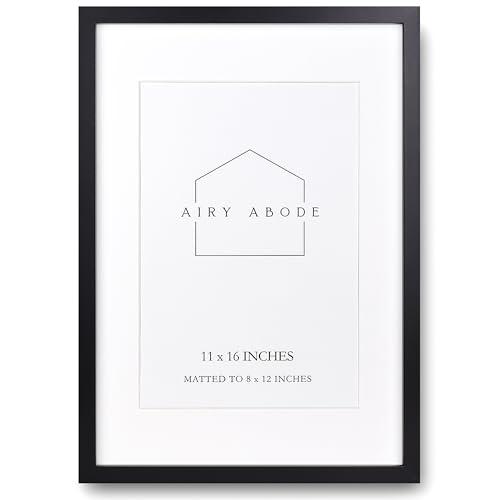 Airy Abode Premium Black Wood Picture Frame 11x16 Matted to 8x12 - Pick Your Size and Color