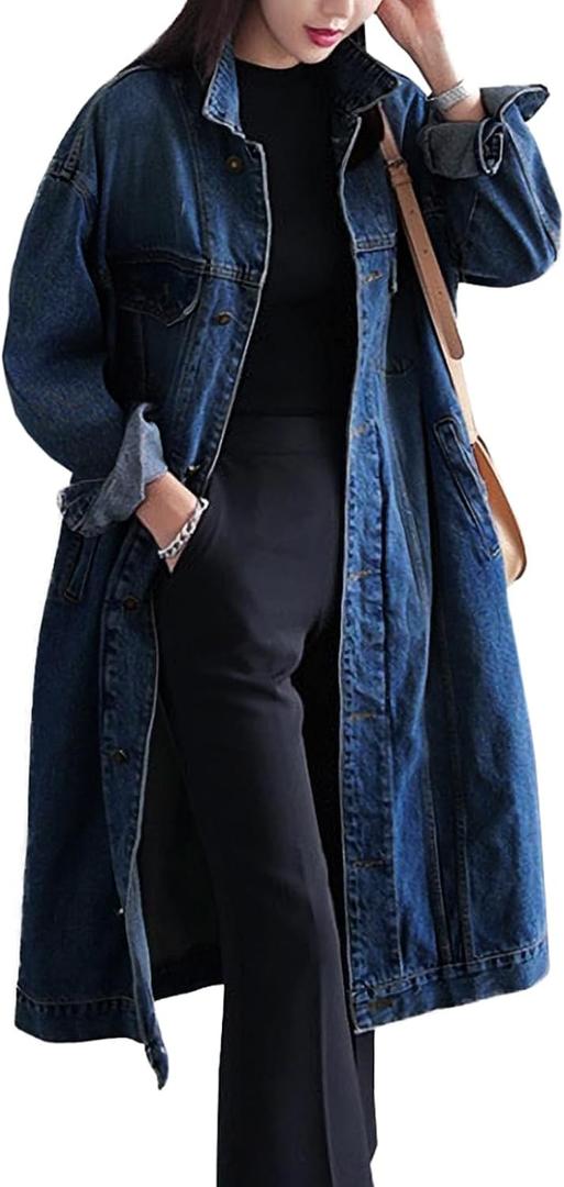 Womens Classic Jean Jacket Plus Size Loose Long Sleeve Button Down Denim Trench Coat (Blue, XL)