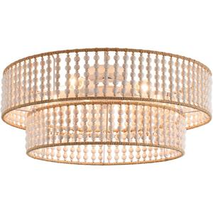 24" Boho Chandelier Light Fixtures,5 Lights Farmhouse Wood Beaded Drum Chandeliers Rattan Handed Woven Lighting for Dining Room Living Room Kitchen Bedroom