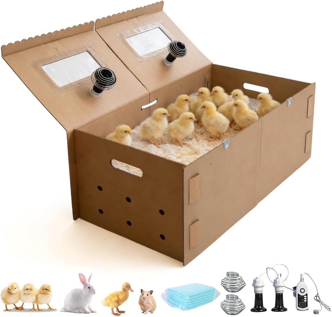 AsFrost 33" Extra Large Chick Brooder Box for 40 Chicks, Dual 75W No-Light Ceramic Heat Lamps, Adjustable Thermostat, 6 Waterproof Pads, Poultry Brooder for Quail, Rabbits & Reptiles