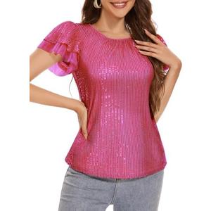 Women Casual Sequin Tops Party Night Ruffle Sleeve Loose Sparkly Blouses Tops Rose Red, XL