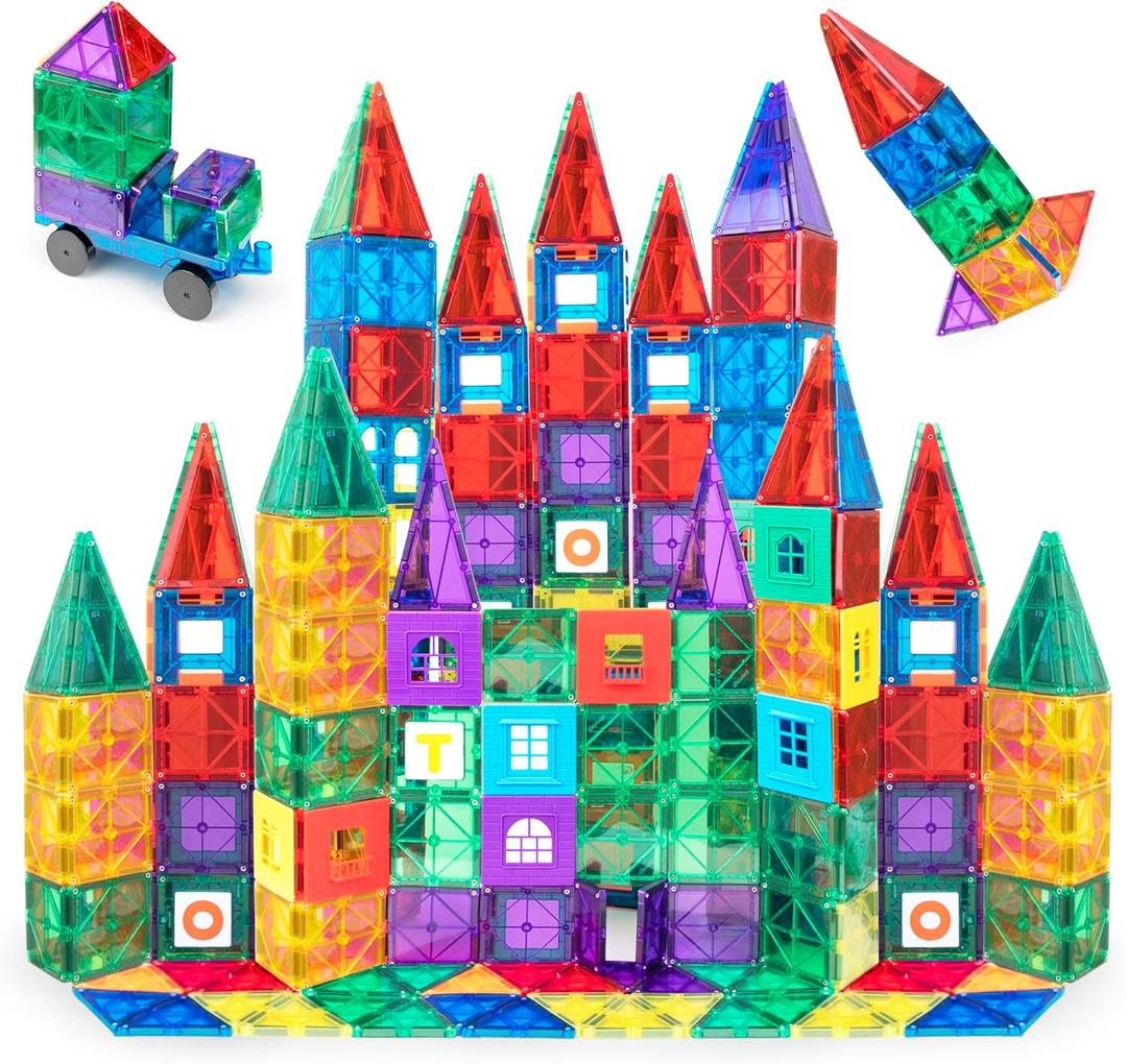 Playmags 150-Piece Magnetic Tiles Building Set  3D Magnet Building Blocks, Creative Imagination, Inspirational, Educational STEM Toys for Kids with 1 Car