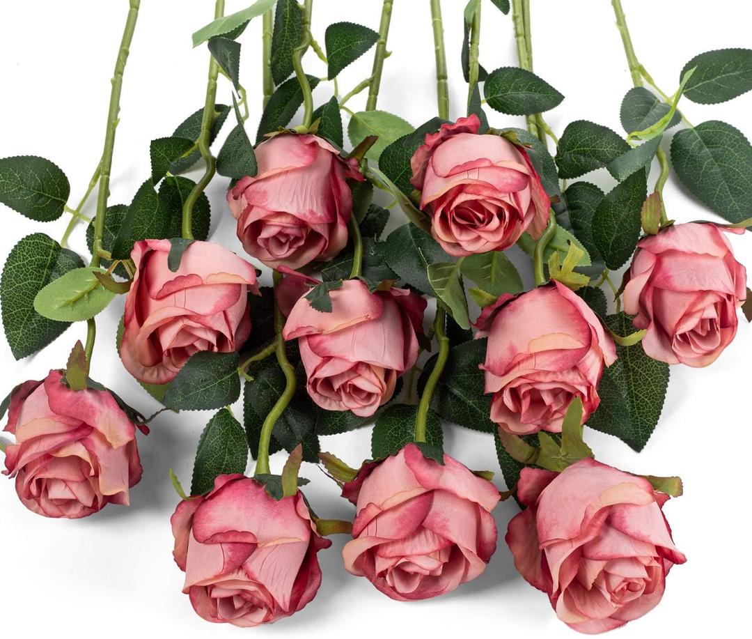 10pcs Artificial Rose Flowers Long Stem Fake Silk Roses for DIY Wedding Bouquet Table Centerpiece Home Decor (Rose Red)