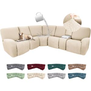 100% Waterproof Sectional Recliner Couch Covers for Reclining Couch L Shaped Corner Sectional Sofa Cover Jacquard Stretch L Shape Recliner Slipcovers (5 Seater 1 Console Cover, Beige)