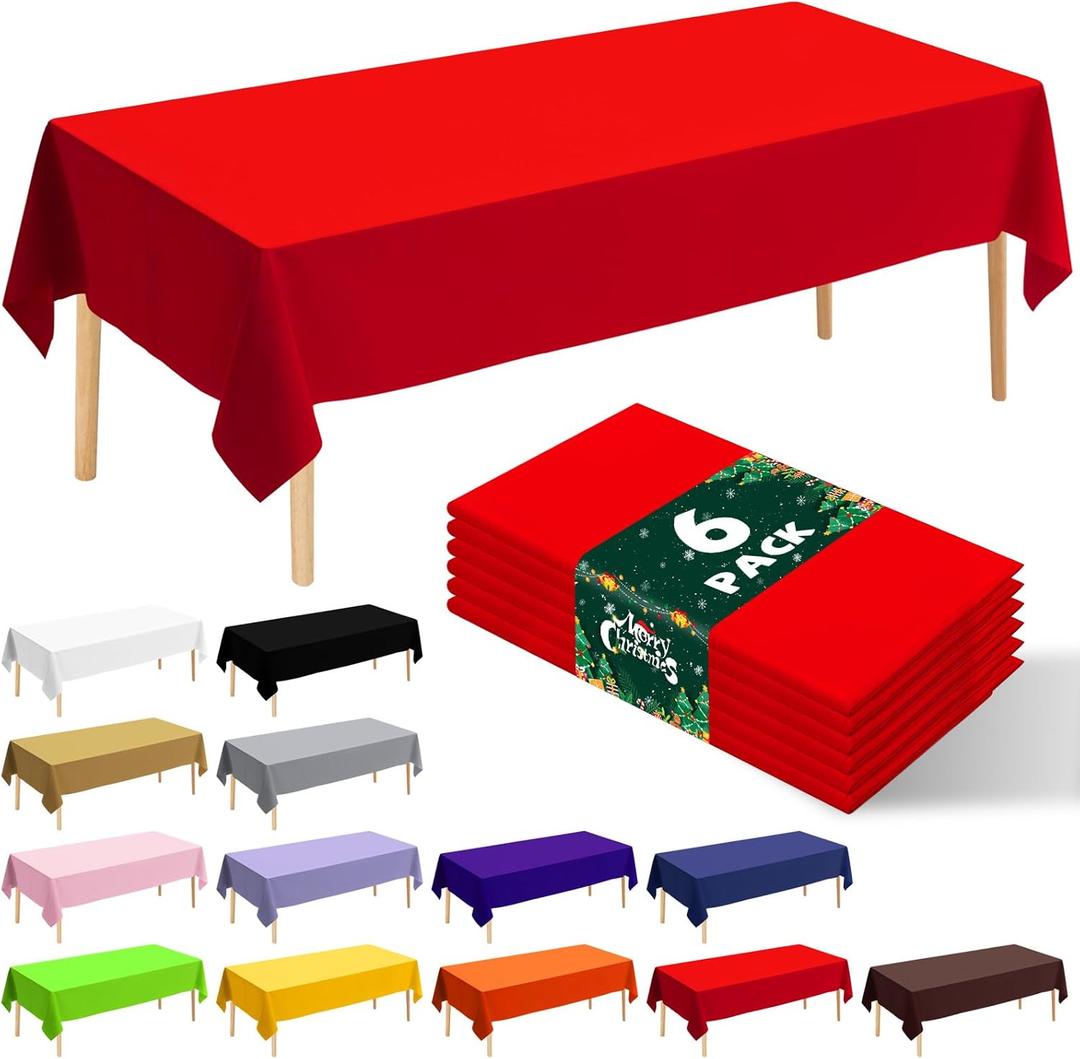 6 Pack Premium Disposable Plastic Tablecloth 54" x 108" Party Table Cloths Disposable for 6 to 8 Foot Tables Indoor or Outdoor Parties Birthdays Weddings Christmas Anniversary Buffet Table (Red)