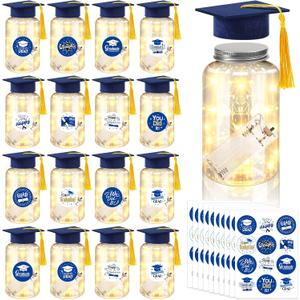 Phoncoo 16 Sets 2026 Graduation Table Decoration with LED Lights, Mason Jar Graduation Centerpieces for Tables with Grad Cap, Stickers for College High Middle School Grad Party Supplies Gifts(Blue)