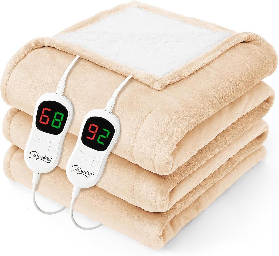Homemate Heated Electric Blanket Queen Size - 84"x90" Heating Bed Blanket Throw with 10 Heating Levels 8 Hours Auto Off Fast Heating Over-Heat Protection Ultra Soft Flannel ETL Certified, Beige