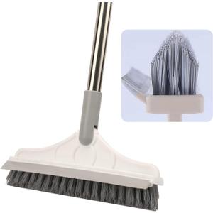 2 in 1 Floor Brush Scrubber with Long Handle Grout Brush 3 Poles 53.5'' New Upgrade Stiff Bristle Cleaning Scrub Brush with Squeegee 120Rotating Tile Brush for Cleaning Bathroom Glass Patio Kitchen (White)