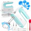 Hand Mixer Electric Handheld, 5-Speed Handheld Mixer, 380W Electric Mixer with Stainless Steel Whisk Beater Attachments, Snap-On Storage Case, Measuring Cups, Kitchen Cake Mixers for Baking Supplies (B-Mint Green)