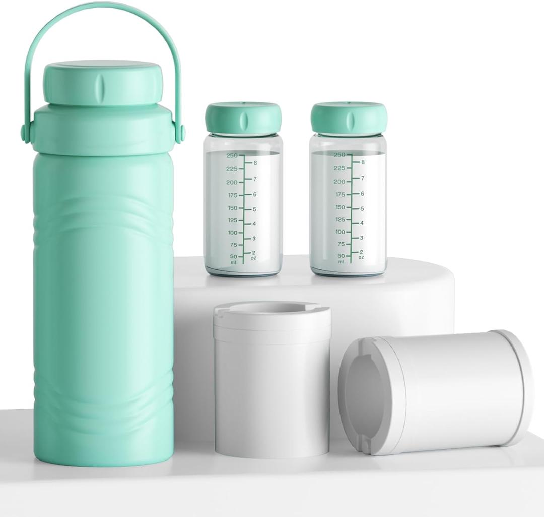 Portable Breast Milk Cooler Bottle, Rapid-cooling Breast Milk, Cooling for 24H Compact Design Travel Breastmilk Cooler 17oz Breastmilk Storage Bottles with 2pcs Inner Bottles, Breastfeeding Essentials (Pistachio)