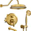 Brushed-Gold Antique Shower-system with Tub Spout: 9 inch Rain Faucets Set in Wall, Rainfall Head and Handheld Spray, 3 Way Diverter Brass Valve with Trim Kit