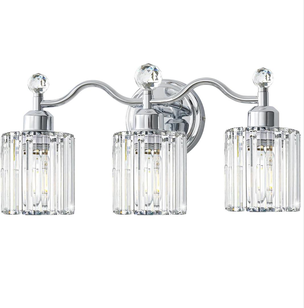 Crystal Bathroom Vanity Light Fixtures ,Modern 3-Lights Bathroom Light Fixtures, Chrome Vanity Light over Mirror, Bath Vintage Wall Mounted Lamps Crystal Wall Light Fixtures for Bathroom, Living Room